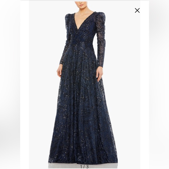 Blue Sequin Embellished Long Sleeve Gown - Picture 1 of 2